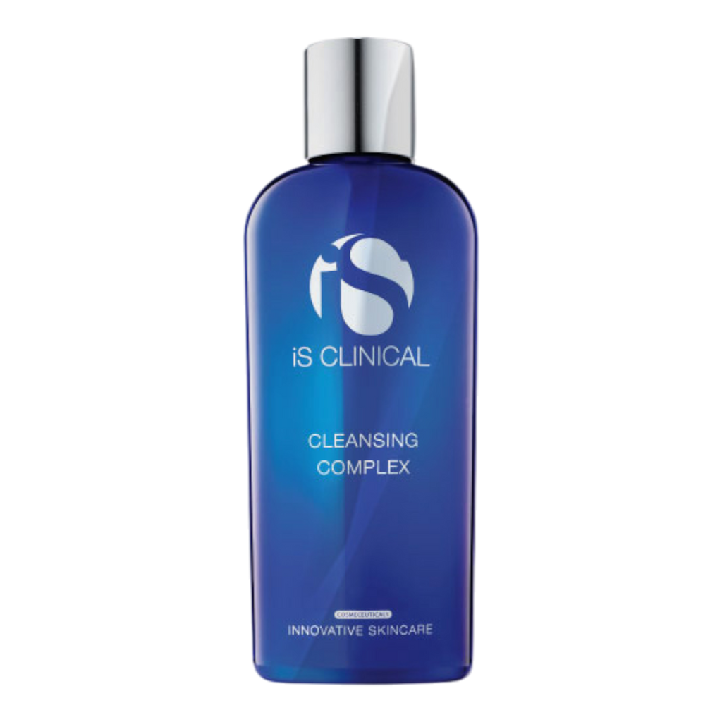 Blue bottle of iS Clinical Cleansing Complex on a white background